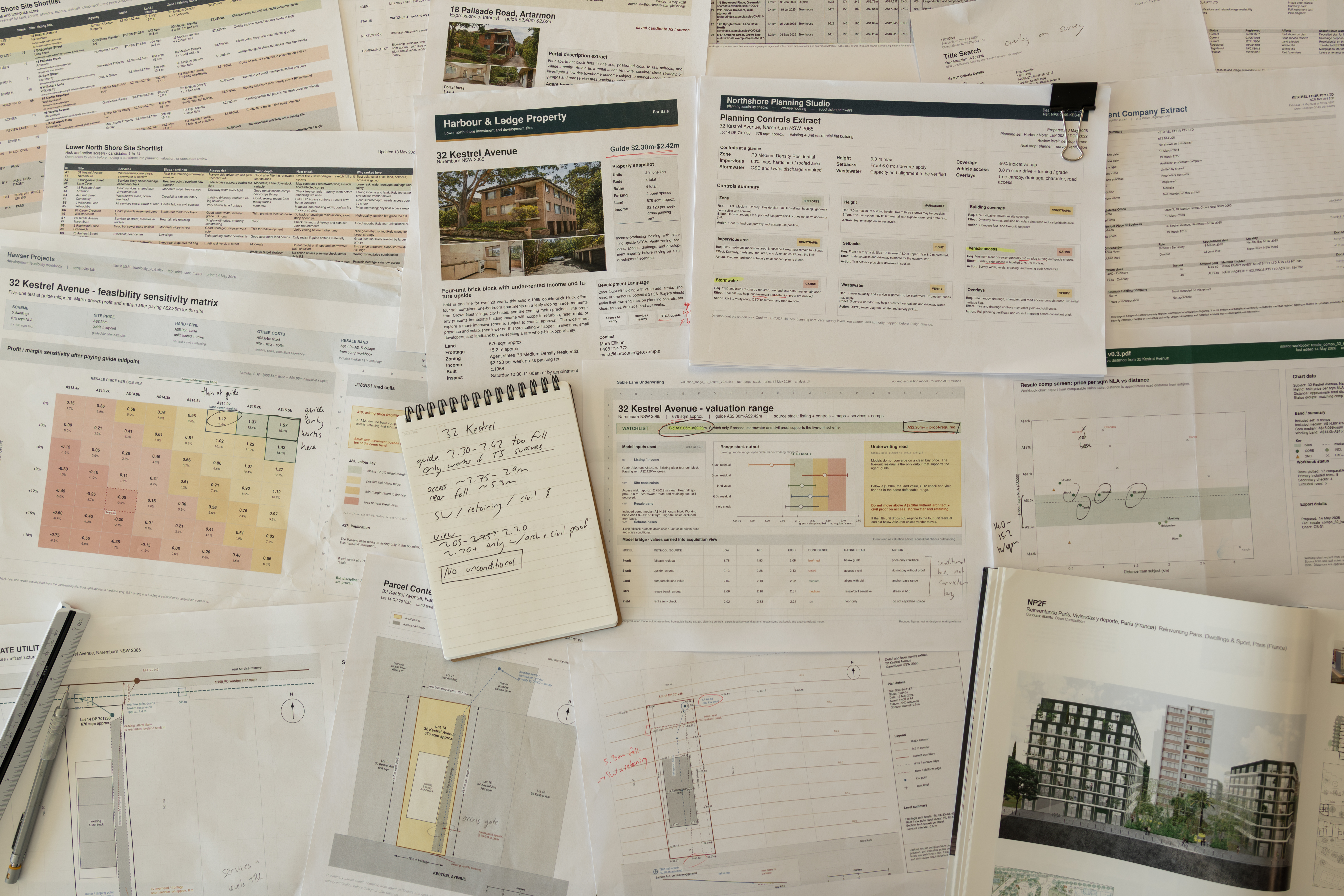 A property due diligence workspace with planning compliance matrices, civil sketches, DA timelines, consultant registers, cost plans, and annotated site drawings.