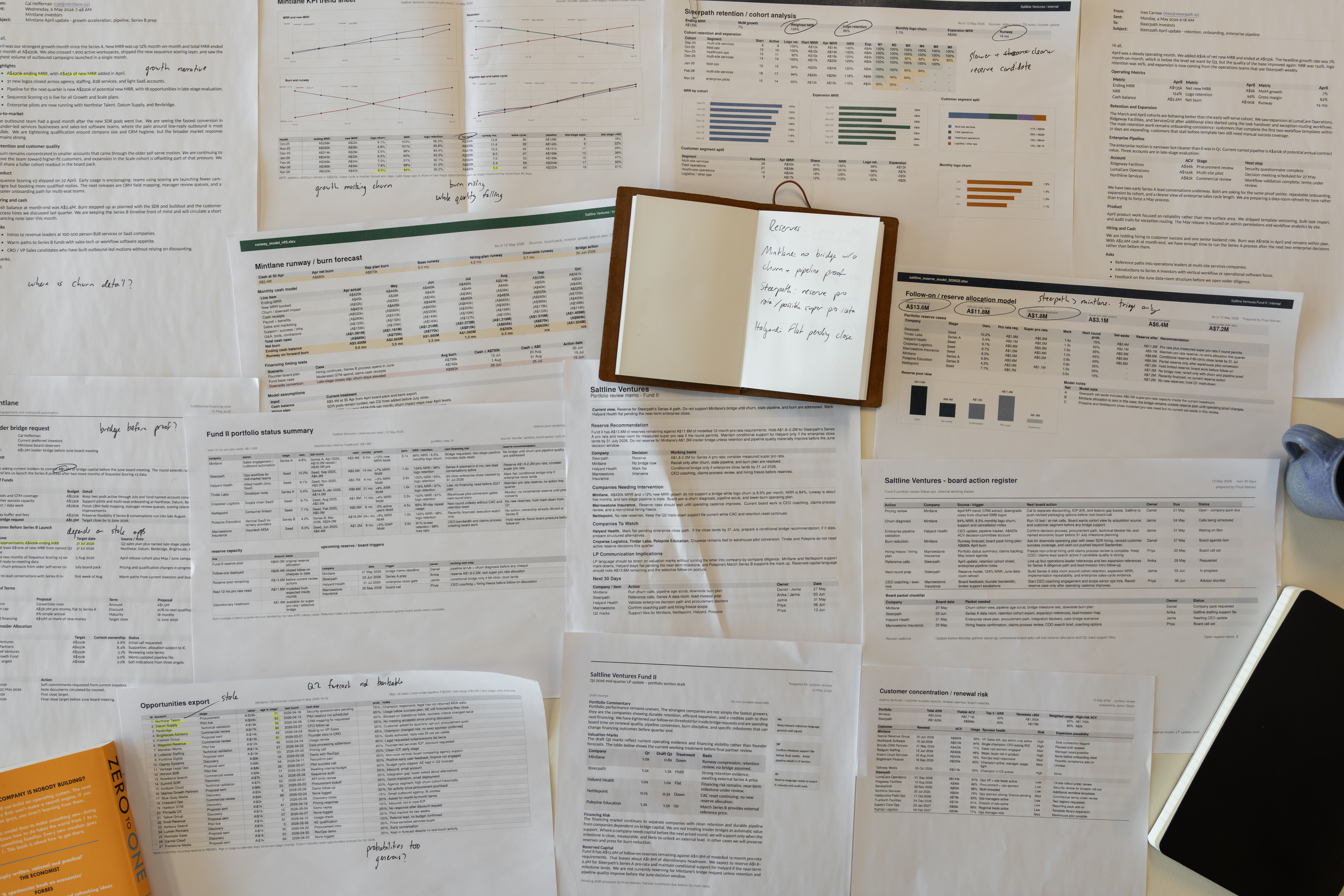 Deal review table with startup documents, diligence questions, reference notes, and annotated memo sections.