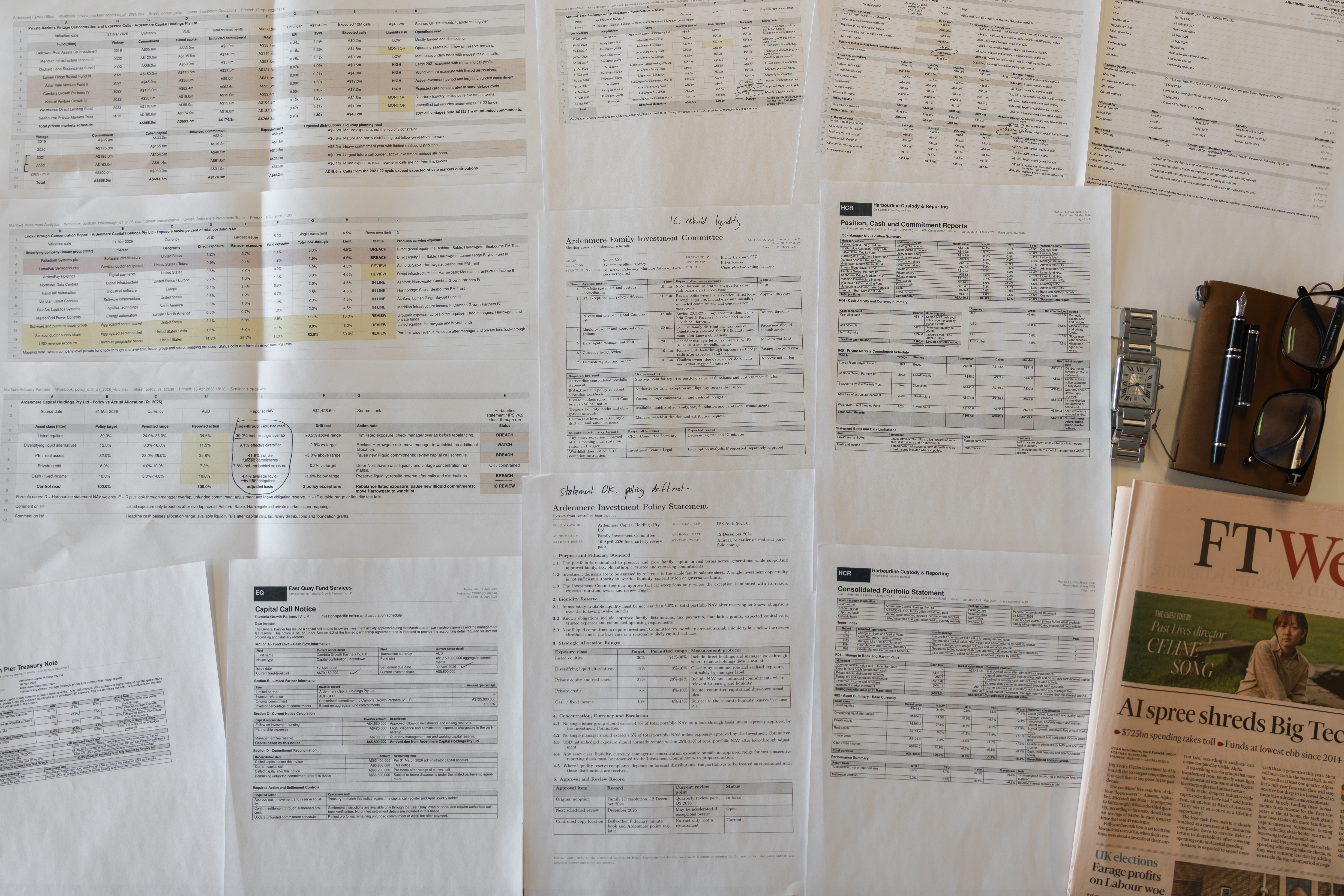 A family office review table with portfolio summaries, diligence notes, reporting packs, and tracked follow-ups.