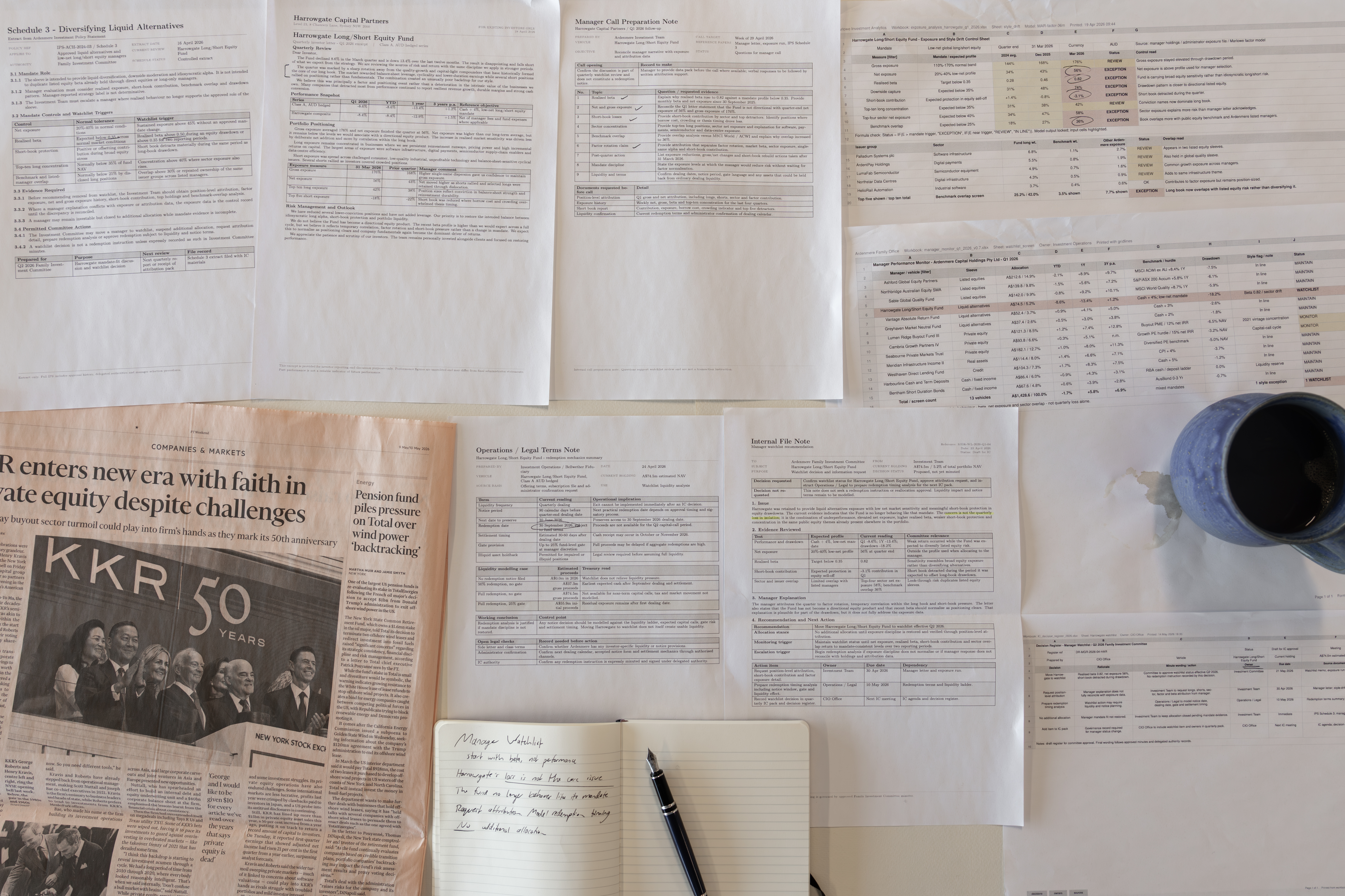 A family office workspace with manager reporting packs, exposure notes, capital activity, and annotated investment materials.
