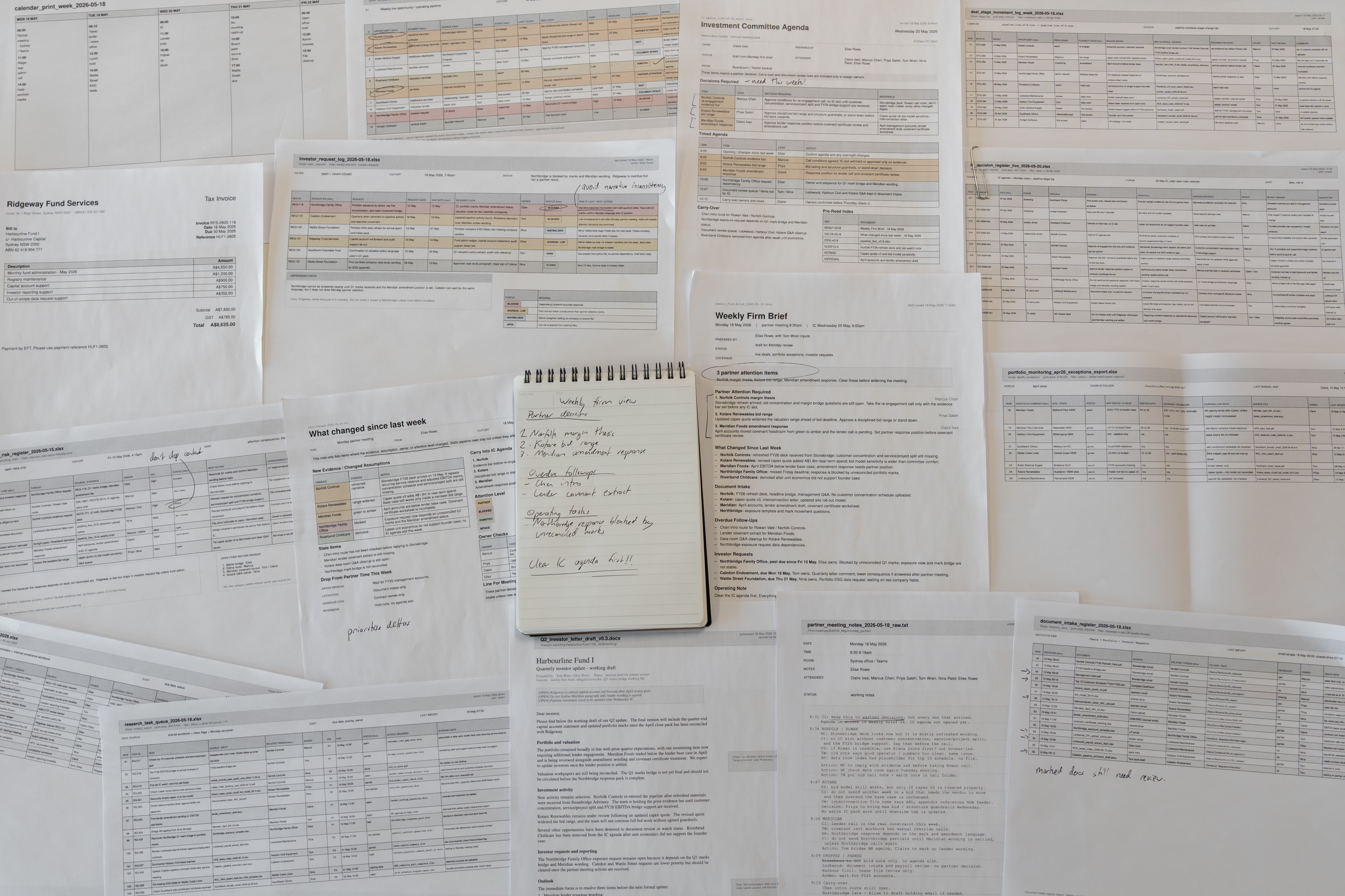 An operations workspace with meeting packs, reporting materials, portfolio notes, and internal coordination work.