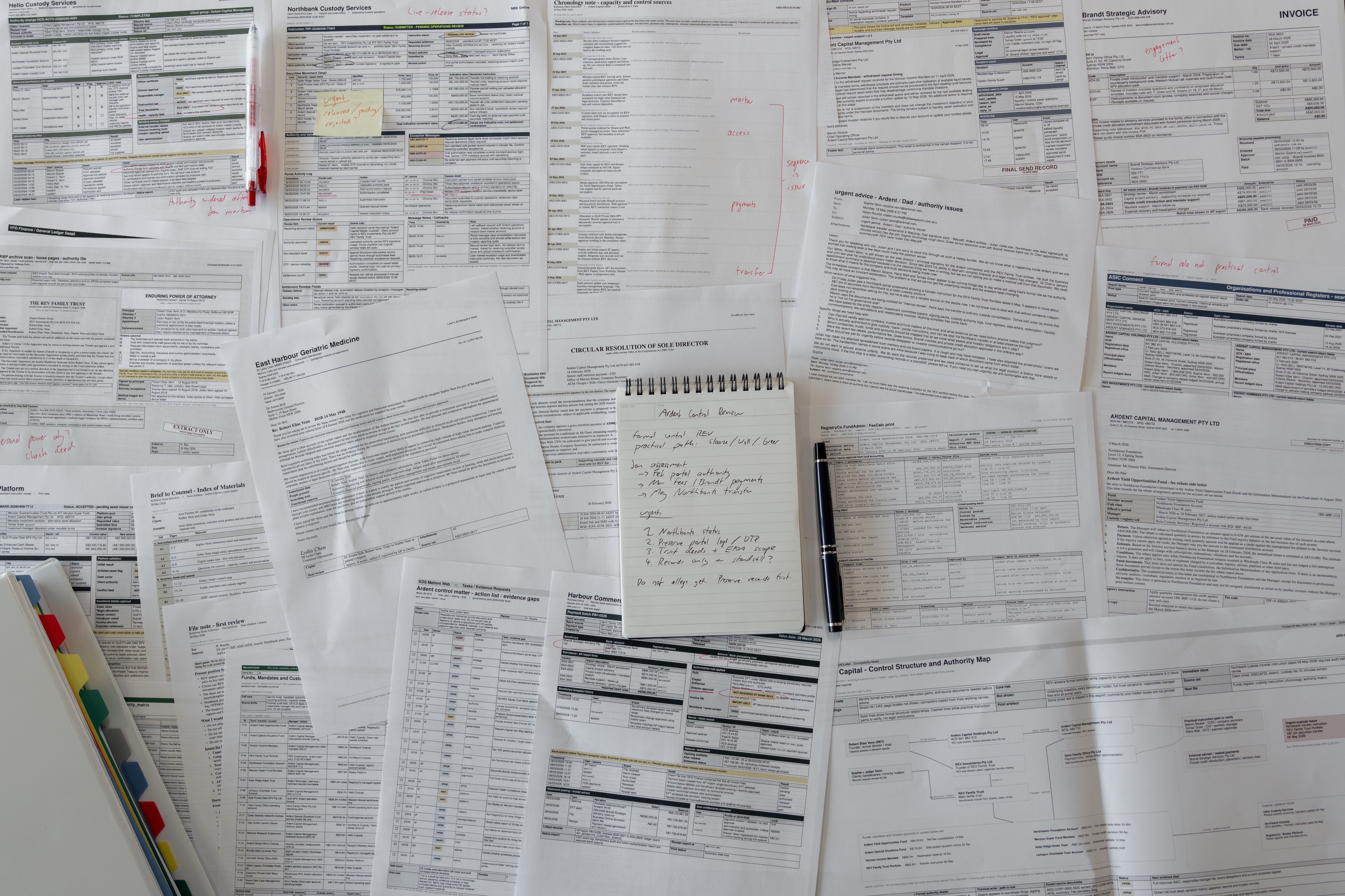 A second legal diligence workspace with marked-up papers, source-linked annotations, and matter review notes.