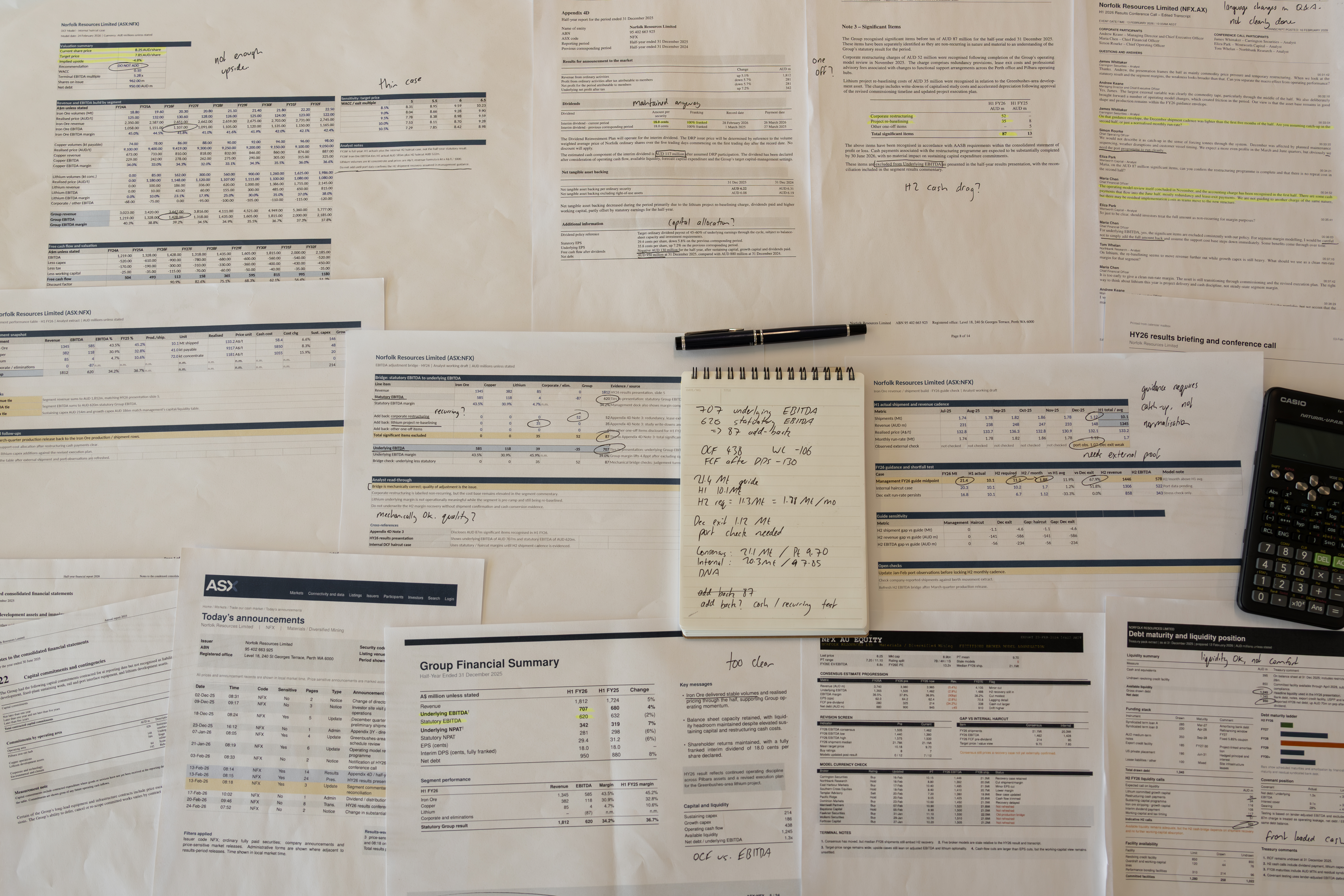 Equities model review workspace with financial summaries, company announcements, broker notes, handwritten checks, and highlighted source documents.