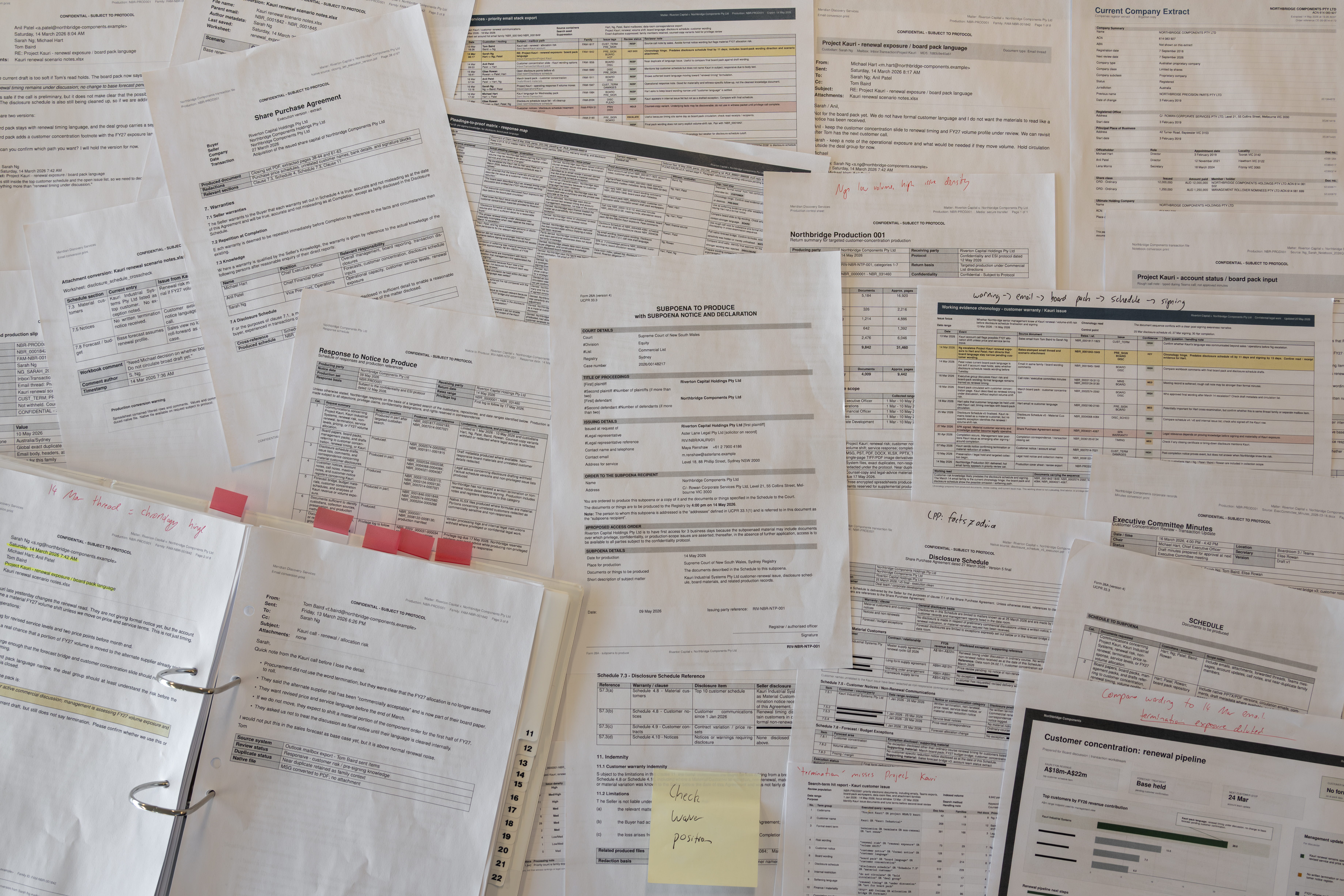 A legal diligence workspace with marked-up case papers, chronology notes, and source-linked review materials.